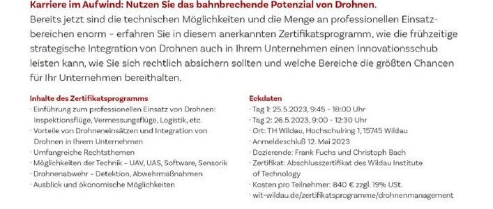 Zertifikatsprogramm Drohnenmanagement (Seminar | Wildau)