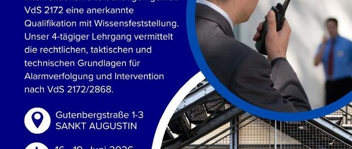 Interventionskraft VdS – Zertifikatslehrgang mit Prüfung (Seminar | Sankt Augustin) Interventionskraft VdS – Zertifikatslehrgang mit Prüfung (Seminar | Sankt Augustin)